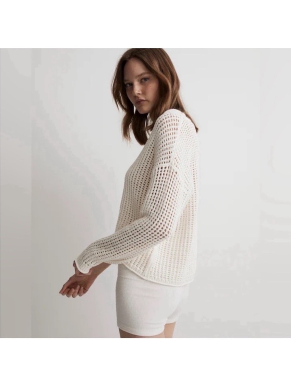 Madewell Knit Open-Stitch V-Neck Pullover Sweater Sz XS Ivory Cream